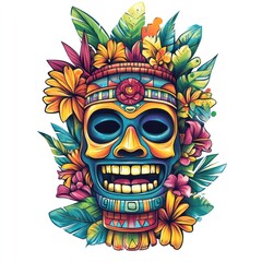 Vibrant Tropical Mask Adorned With Flowers and Leaves
