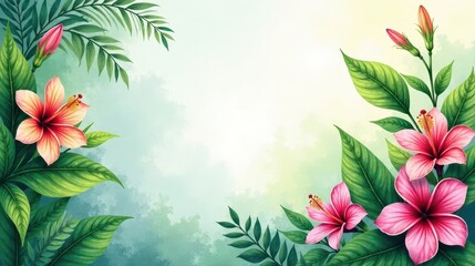Lush Tropical Hibiscus Blossom Frame A Botanical Illustration Featuring Vibrant Pink and Peach Flowers with Green Foliage