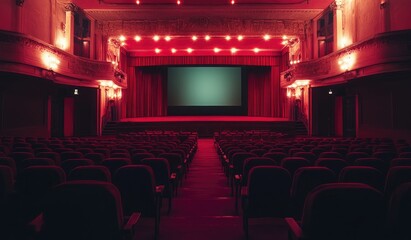 A large cinema hall with red velvet seats, illuminated by warm lights and adorned with a grand stage at the front