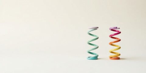 Two Colorful Spiral Coils Standing on a White Background, Representing Concepts of Balance, Energy, and Potential