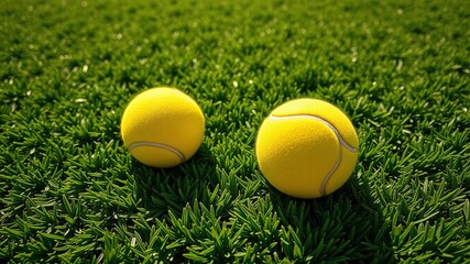 Naklejka premium Yellow Tennis Balls on Green Artificial Turf - Summer Sports Aerial View
