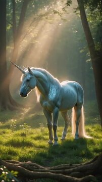 Magical Unicorn in Enchanted Fantasy Forest with Ethereal Light