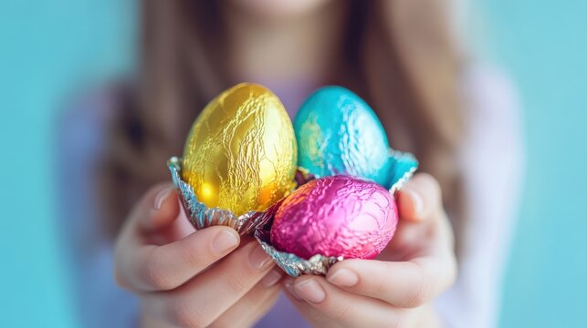 easter, holidays and people concept - close up of happy girl holding chocolate eggs in colorful foil wrappers