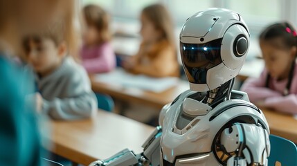 A futuristic robotic teacher in a classroom observing engaged children, highlighting technology's role in education.