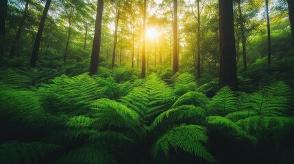 Obraz premium A serene forest scene with sunlight filtering through trees, illuminating lush green ferns.