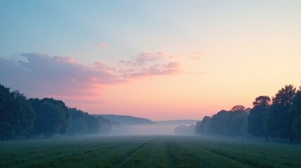 Obraz premium Serene Dawn Misty Field with Silhouetted Trees at Sunrise, Painted in Soft Pink and Blue Hues