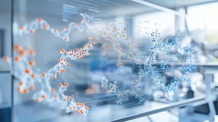 futuristic UI showcasing detailed breakdown of genetic data, featuring intricate molecular structures in vibrant colors. This advanced visualization highlights scientific innovation