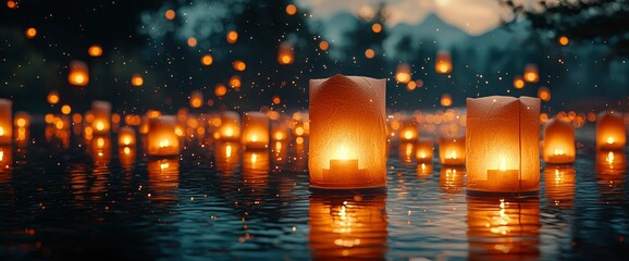 Obraz premium Enchanting Floating Lanterns on Calm Water at Dusk