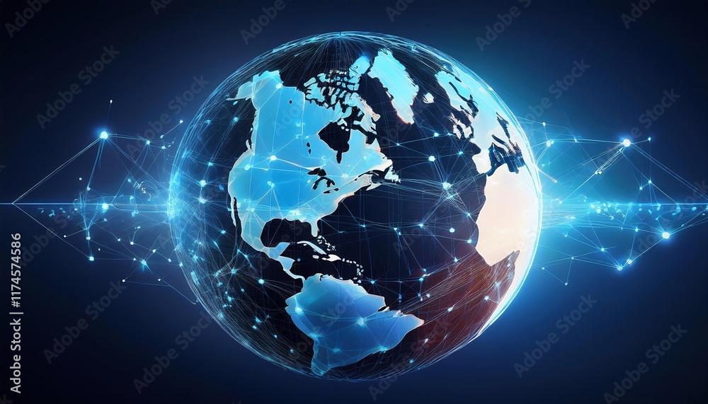 Poster globe surrounded by vibrant connections representing global communication and unity in a modern digi