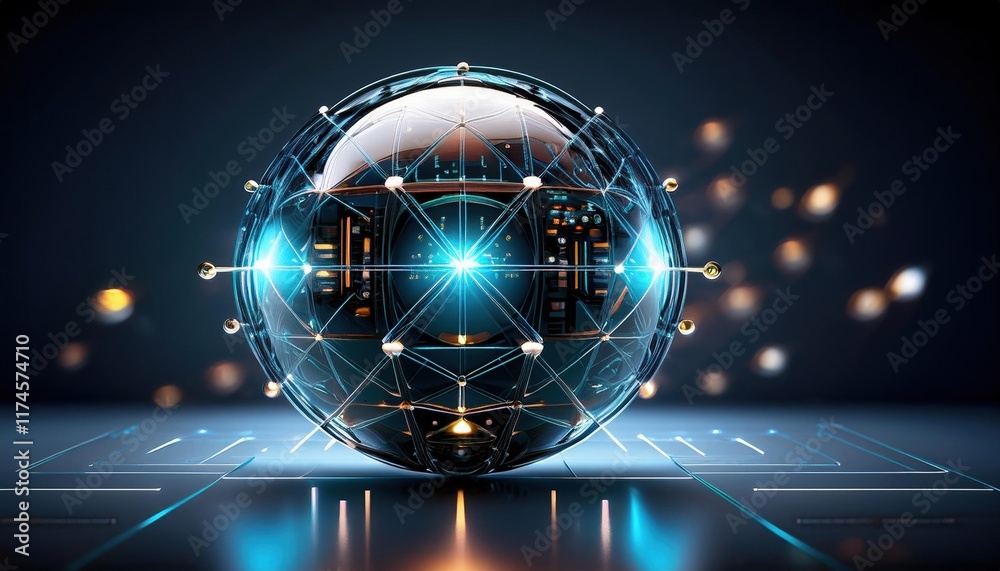 Poster intricate sphere representing global connectivity with a network of lines and nodes illustrating tec