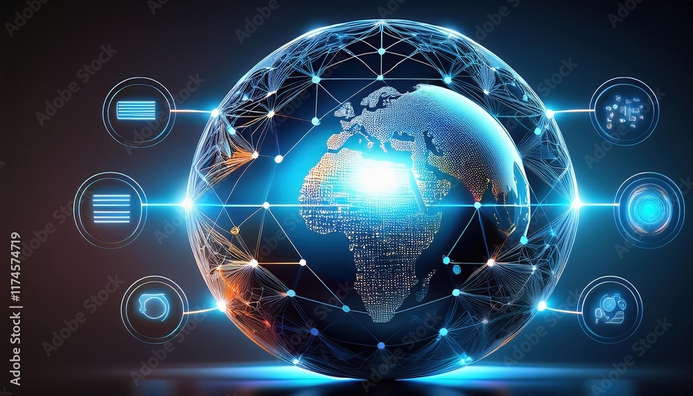 Poster a detailed view of a globe surrounded by a complex network of connected lines and dots representing 