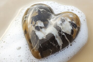 A heart-shaped rock on sandy beach.