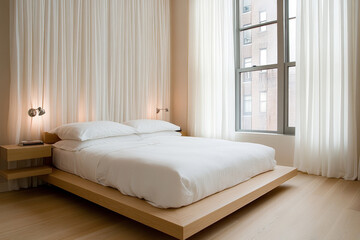 Modern bedroom with minimalist design, featuring wooden platform bed, soft white bedding, and floor to ceiling drapes that create serene atmosphere