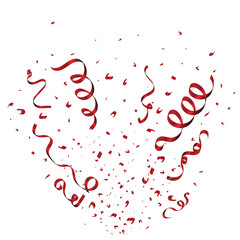 Obraz premium Luxury red ribbon and confetti blast on a white background. Red color confetti and tinsel design for party element. Confetti and ribbons for festival, birthday, anniversary, and decoration.