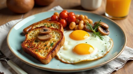 A Delicious and Wholesome Breakfast Plate Featuring Fried Eggs, Toasted Bread, Sausages, Roasted Tomatoes, and Beans