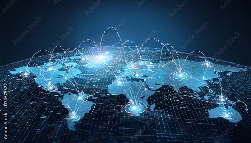 Poster intricate world map displaying numerous interconnected lines and dots representing global connection