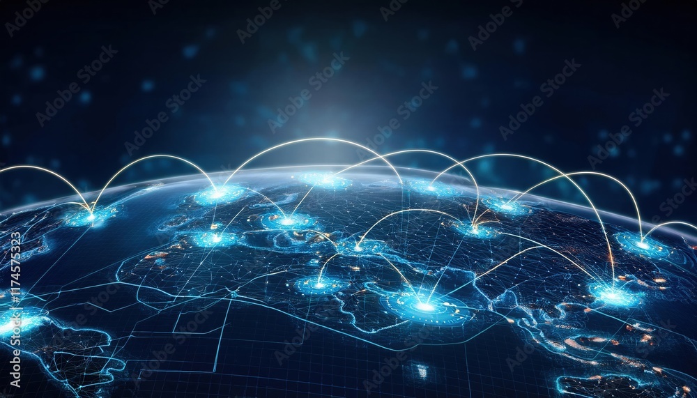 Poster intricate world map with numerous interconnected lines representing global connectivity and interact