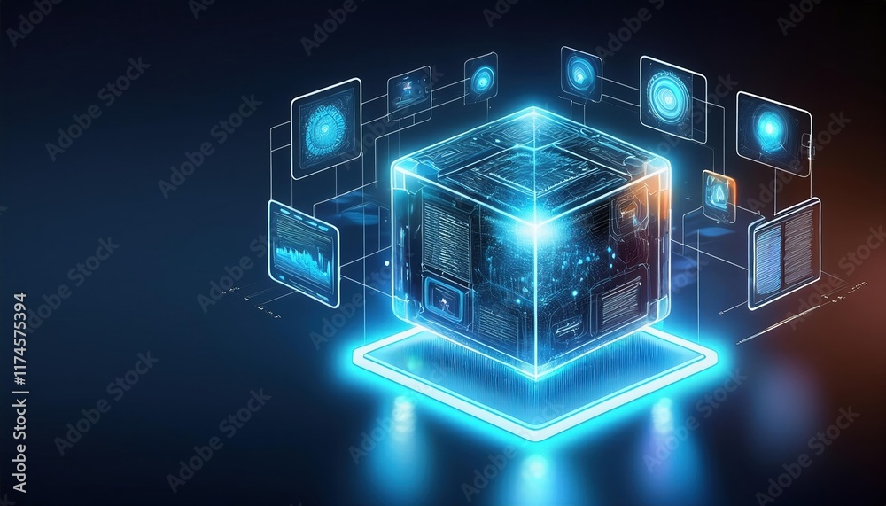 Poster mystical cube illuminated by ethereal blue light creating an enigmatic atmosphere of wonder and intr