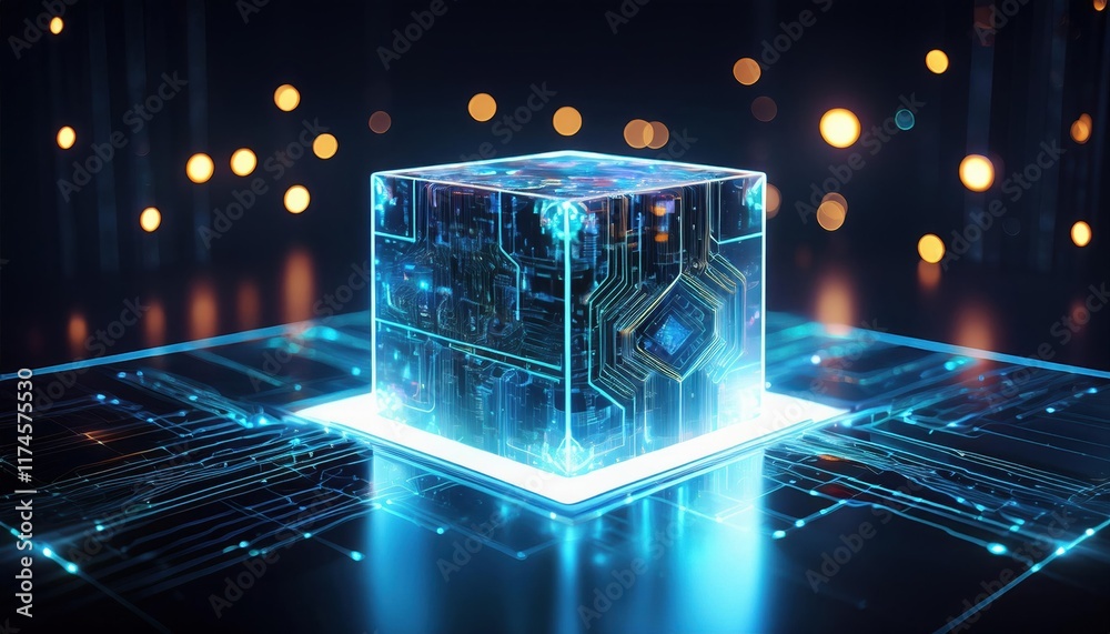 Poster intricate cube encasing advanced circuitry with illuminated components showcasing modern technology 