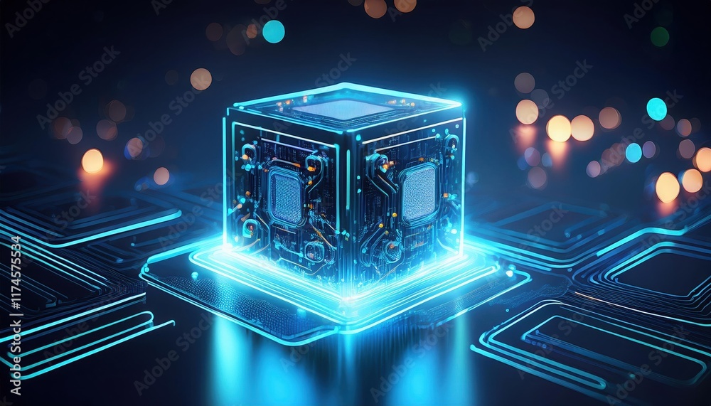 Poster futuristic cube containing intricate circuit design illuminated by soft light presenting a blend of 