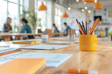 stylish office filled with professionals working and jotting down ideas. bright space features wooden tables, vibrant decor, and various stationery items, creating inspiring atmosphere