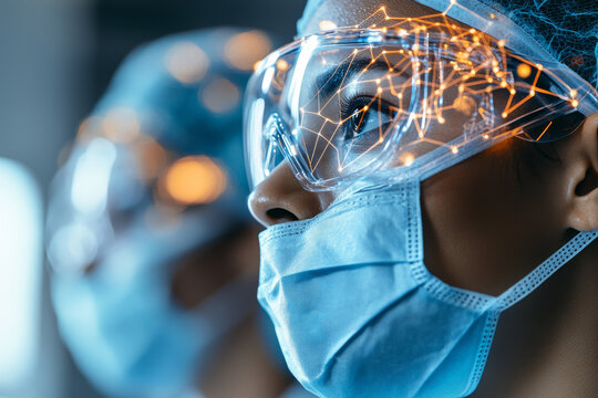 Healthcare professionals wearing protective gear, including masks and goggles, focus intently on their work. Their expressions convey determination and commitment to patient care