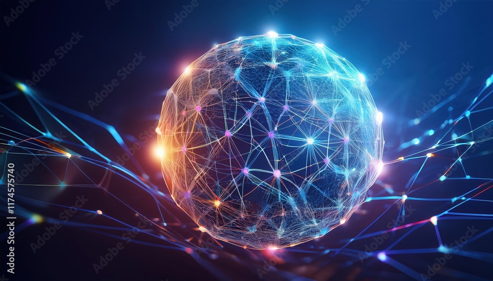 Poster intricate sphere composed of interconnecting lines and dots representing a complex network symbolizi