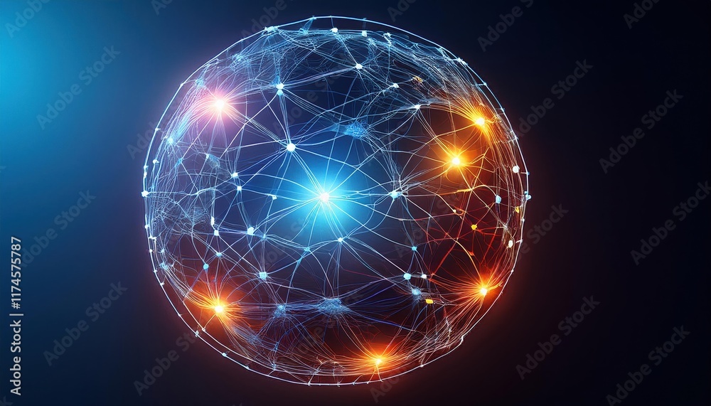 Poster intricate sphere composed of interconnected lines and dots symbolizing technology innovation and con