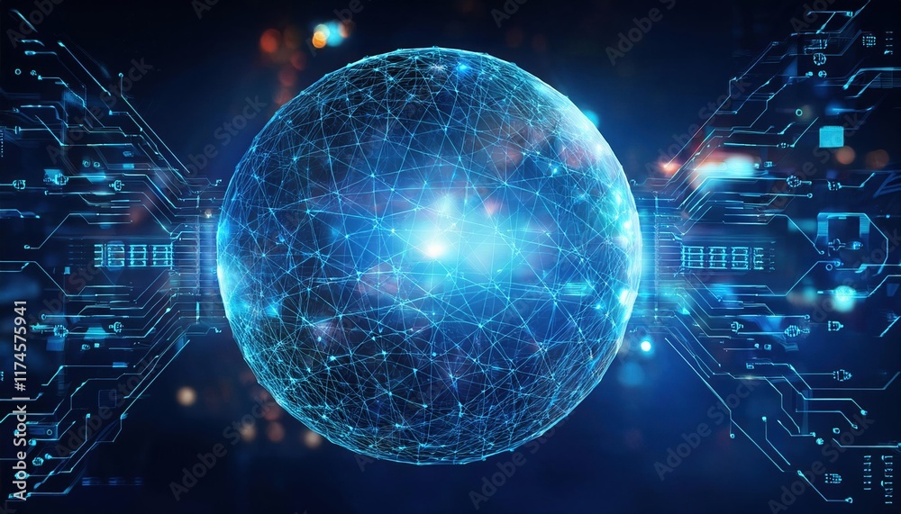 Poster intricate sphere composed of interconnected lines and dots representing a complex network symbolizin