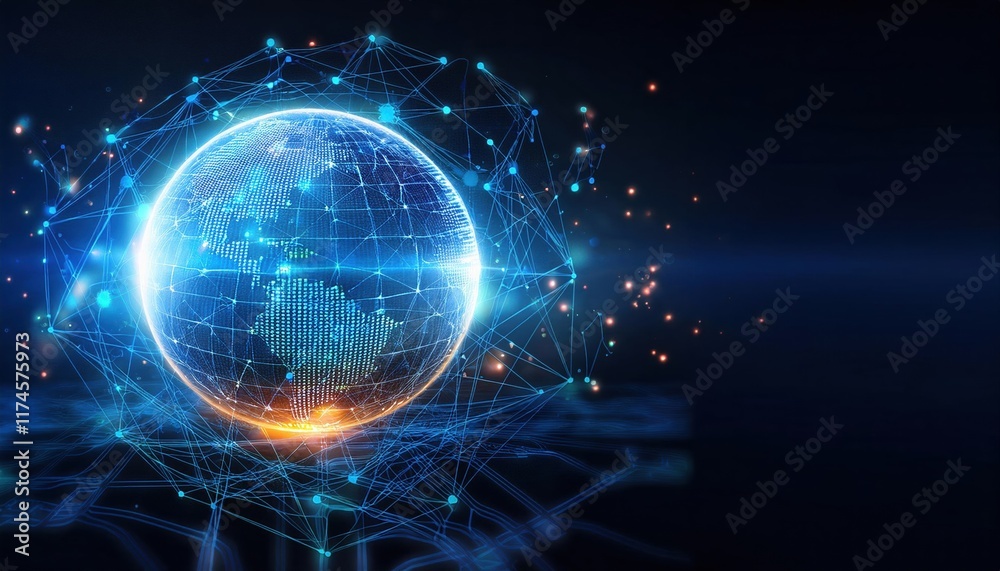 Poster intriguing sphere composed of interconnected lines and dots representing a network in a futuristic d