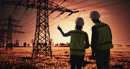 Naklejka premium Electrician Workers Talking Near Tower