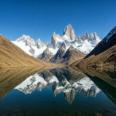 A stunning mountain landscape with snow-capped peaks, a clear blue sky, and a calm lake reflecting the grandeur of the mountains.
