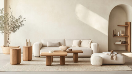 modern living room featuring light colored sofa, wooden coffee table, and decorative elements. space exudes calm and inviting atmosphere with natural light
