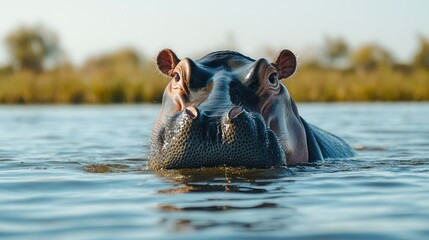 A close-up of a hippopotamus emerging from the water in a natural setting.