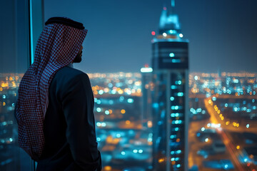 Young saudi business man standing in the office watching the Ùcity night view, view from the outside. Business ambition concept 