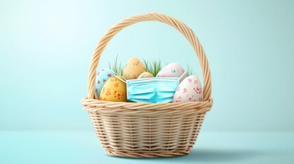 Fototapeta premium Easter in the season of Sars-CoV-2, COVID 19, Easter basket with face mask for virus protection.