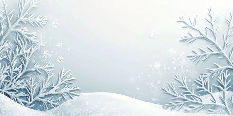 Frosty winter landscape with snow-covered branches framing white scene creating serene cold weather atmosphere