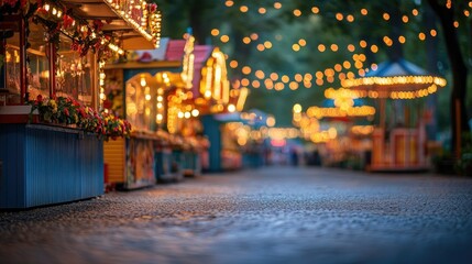 Fototapeta premium Illuminated night market street with food stalls and carousel.