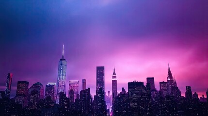 A vibrant city skyline at dusk, illuminated by colorful lights against a dramatic purple and blue sky.