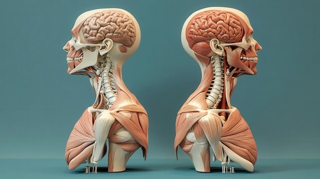 A detailed anatomical model showcasing the human head, highlighting the brain, muscular structure, and neck, viewed from both sides.