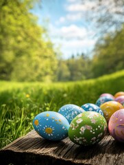 A collection of painted easter eggs celebrating a Happy Easter on a spring day with green grass meadow background with copy space and a rustic woodern bench to display products.