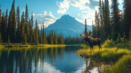 A serene landscape featuring a moose by a tranquil lake surrounded by lush forests and mountains.