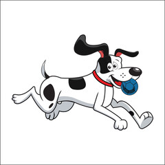 The image shows a cartoon dog running with a ball in its mouth. The dog has black spots and a red collar. It looks happy and playful!