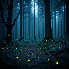 A mystical forest at night with glowing fireflies, fog hovering between ancient trees, and a dark, moody color palette with blues and purples.