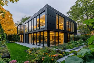 Fototapeta premium A bold cube-shaped house with large glass sections, contrasting black panels, and a lush garden surrounding it