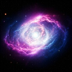 A deep space background with swirling galaxies, distant stars, and nebula clouds in vibrant colors of purple, pink, and blue.