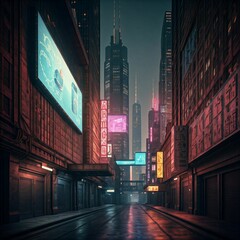 A futuristic cityscape with neon lights, holographic billboards, and dark alleyways, with a cyberpunk aesthetic and metallic textures.
