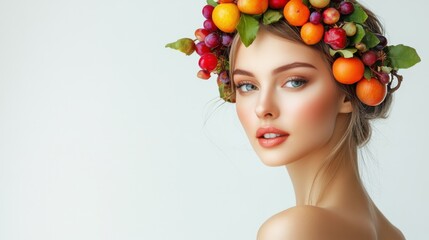Caucasian woman with natural makeup wearing colorful fruit and vegetable headdress creating whimsical portrait