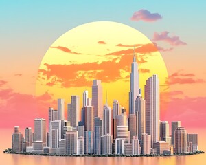 Fototapeta premium Serene Pastel Sunrise Over a Minimalist City Skyline Featuring Modern Architecture Under a Vibrant Colorful Sky and Reflective Water Surface