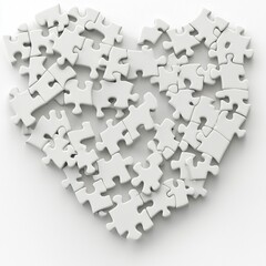 White Puzzle Pieces Arranged in Heart Shape on a Plain Background Symbolizing Love, Unity, and Connection